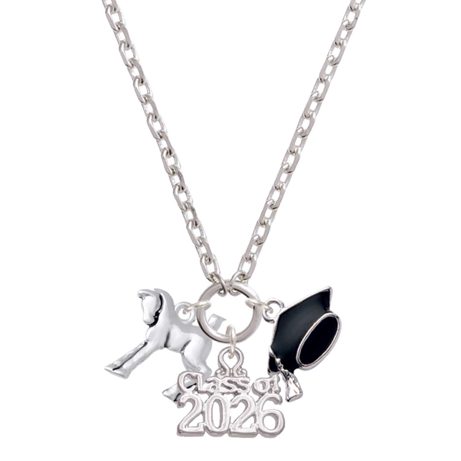Delight Jewelry Silver-tone Equestrian Horse - Class of 2026 Graduation Zoey Charm Necklace, 28"