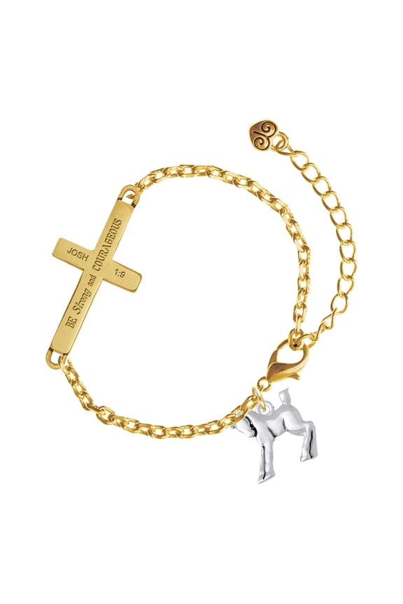 Silver-tone Equestrian Horse - Gold Tone Joshua 1:9 Strong and Courageous Engraved Cross Charm Bracelet, 6.5+1.5" Extender