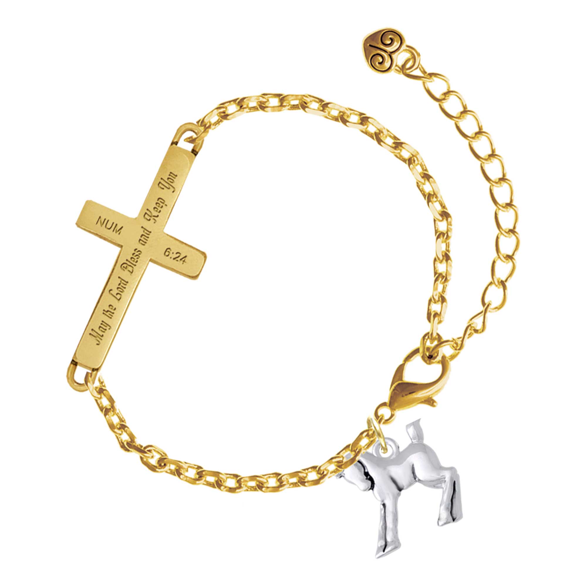 Delight Jewelry Silver-tone Equestrian Horse - Gold Tone Numbers 6:24 May the Lord Bless You Engraved Cross Charm Bracelet, 6.5+1.5" Extender