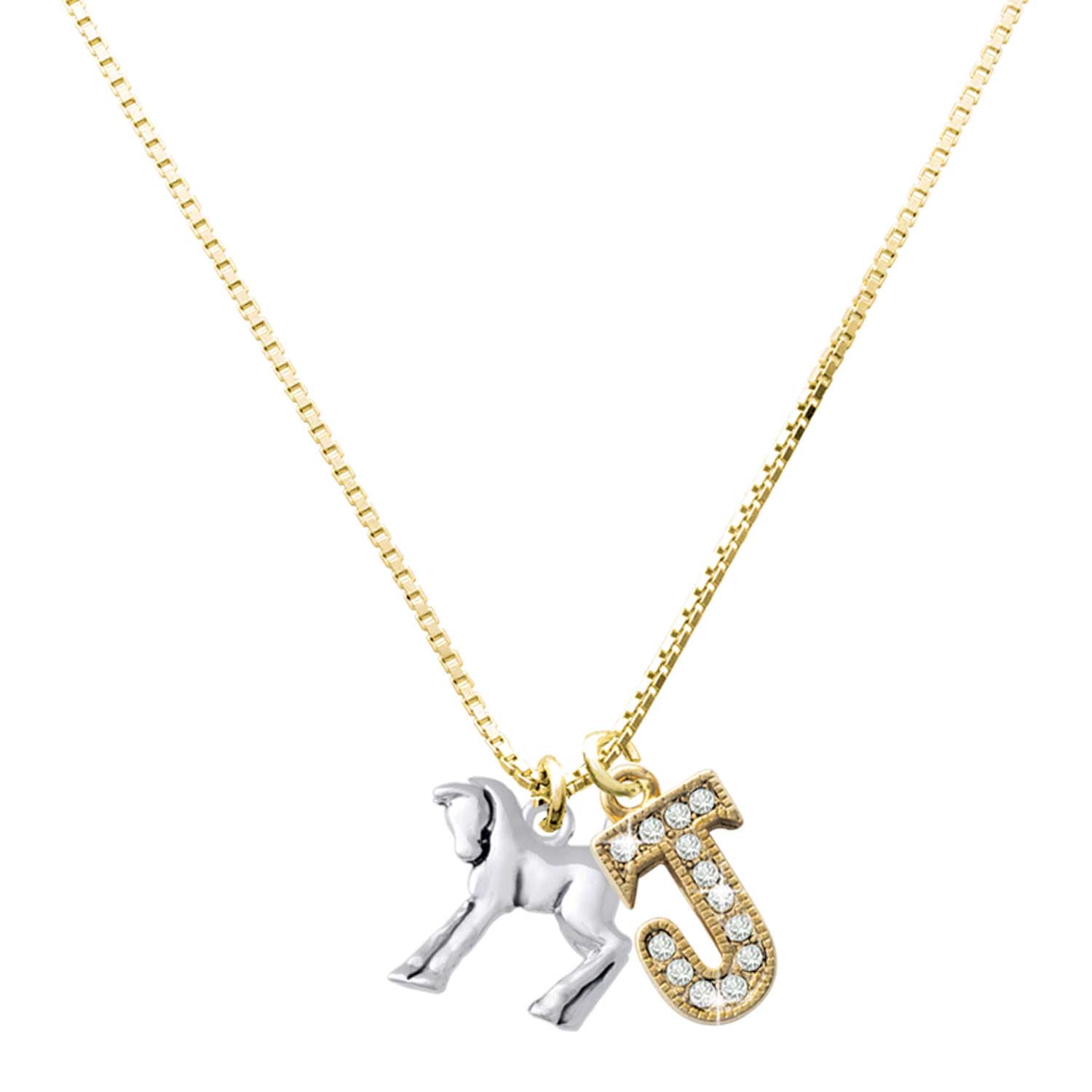 Delight Jewelry Silver-tone Equestrian Horse - Large Goldtone Crystal Initial - J - Charm Necklace, 17.5"+2"