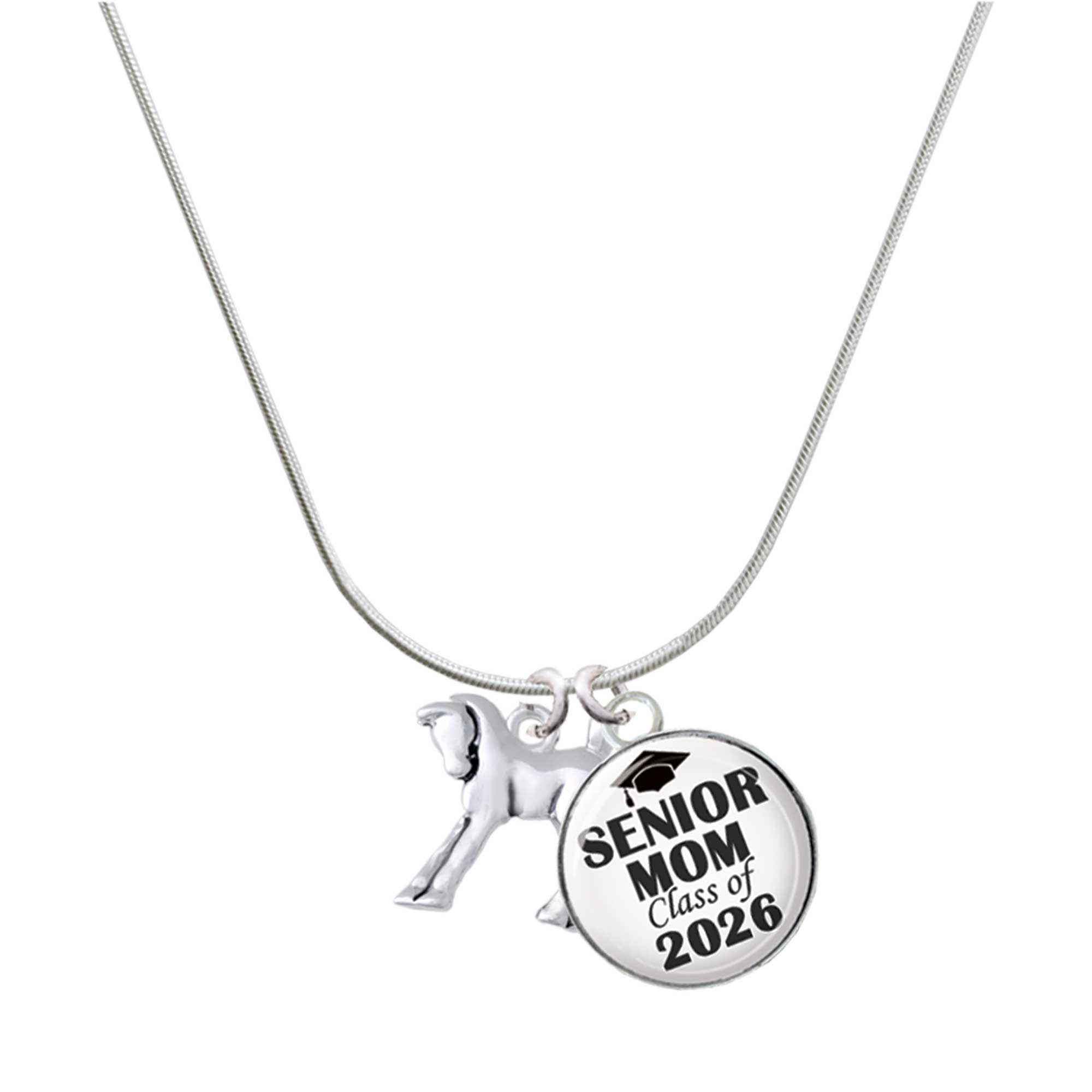 Delight Jewelry Silver-tone Equestrian Horse - Silvertone Senior Mom Class of 2026 Dome Necklace, 18"