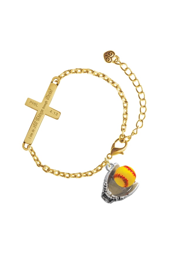 Silver-tone Extra Large Softball and Glove - Gold Tone Philipians 4:13 I Do All Things Through Christ Engraved Cross Charm Bracelet, 6.5+1.5" Extender