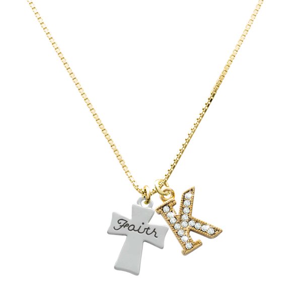 Delight Jewelry Silver-tone Faith Flat Cross - Large Goldtone Crystal Initial - K - Charm Necklace, 17.5"+2"