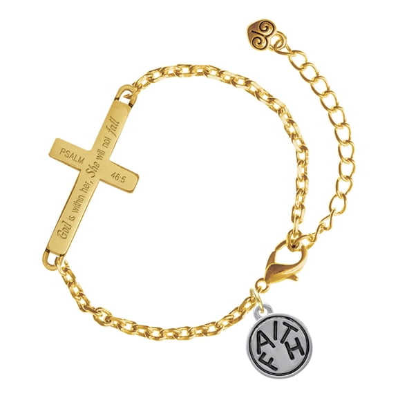 Delight Jewelry Silver-tone Faith in Circle - Gold Tone Psalm 46:5 She will not fall Engraved Cross Charm Bracelet, 6.5+1.5" Extender
