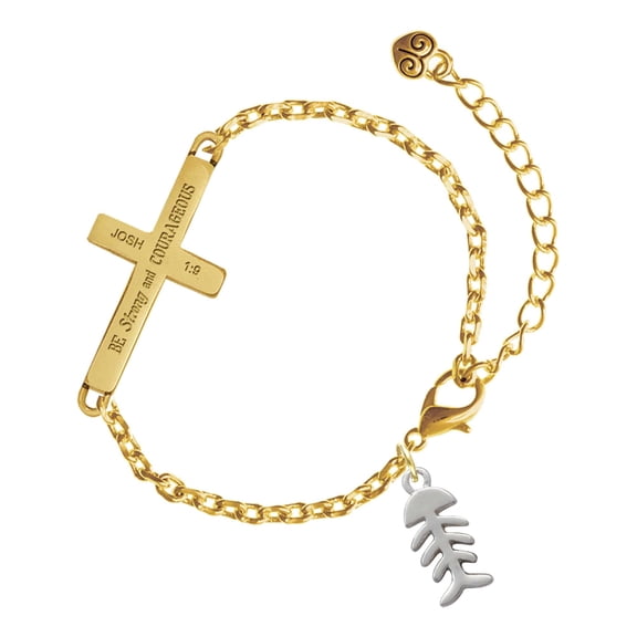 Delight Jewelry Silver-tone Fish Bones - Gold Tone Joshua 1:9 Strong and Courageous Engraved Cross Charm Bracelet, 6.5+1.5" Extender