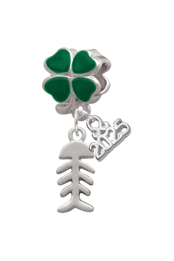 Silver-tone Fish Bones - Good Luck Green Four Leaf Clover Charm Bead Dangle with Mini 2025