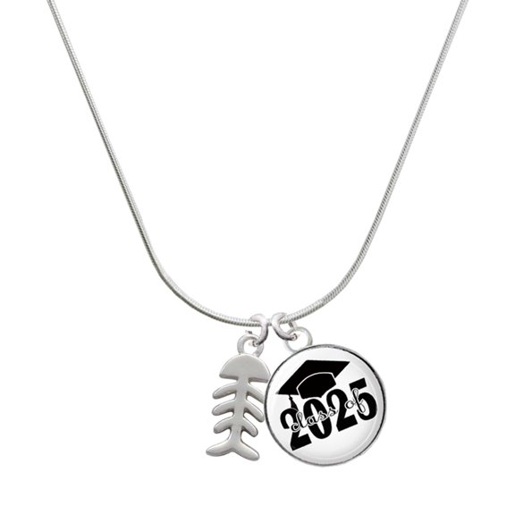 Delight Jewelry Silver-tone Fish Bones - Script Class of 2025 Dome Charm Necklace, 18"