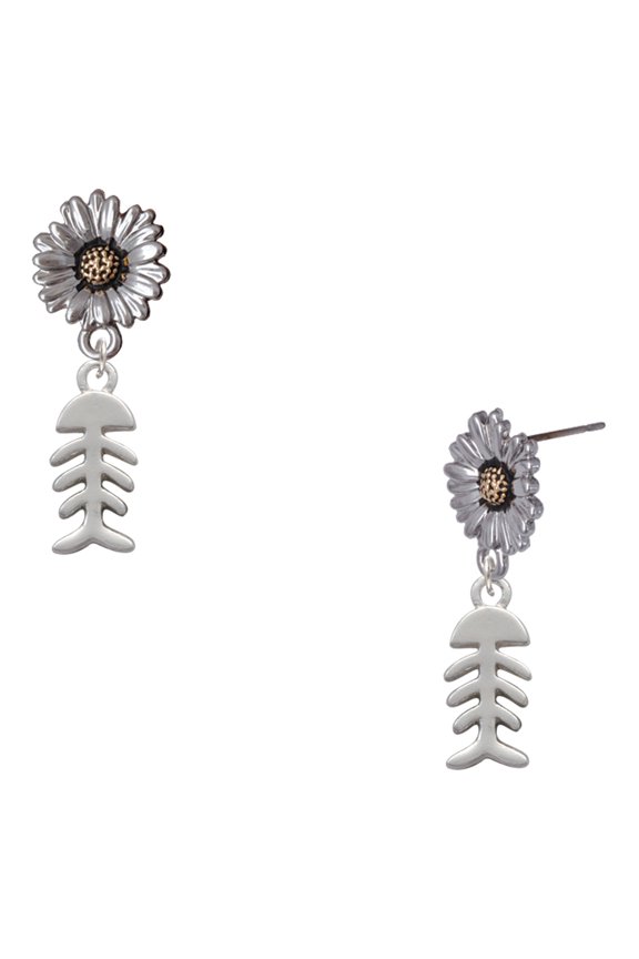 Silver-tone Fish Bones - Two-tone Daisy Flower Post Earrings