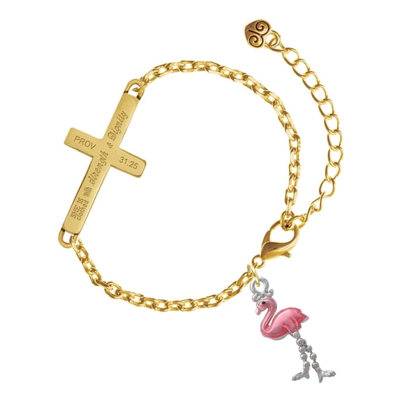 Delight Jewelry Silver-tone Flamingo with Dangle Legs - Gold Tone Proverbs 31:25 She is Clothed with Strength and Dignity Engraved Cross Charm Bracelet, 6.5+1.5" Extender