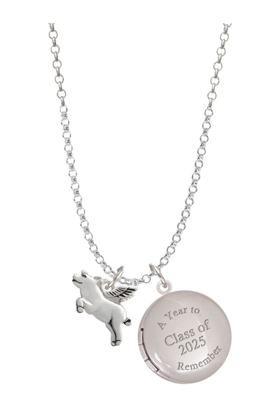 Silver-tone Flying Pig - Class of 2025 Year to Remember Locket Charm Necklace, 19+2" Extender