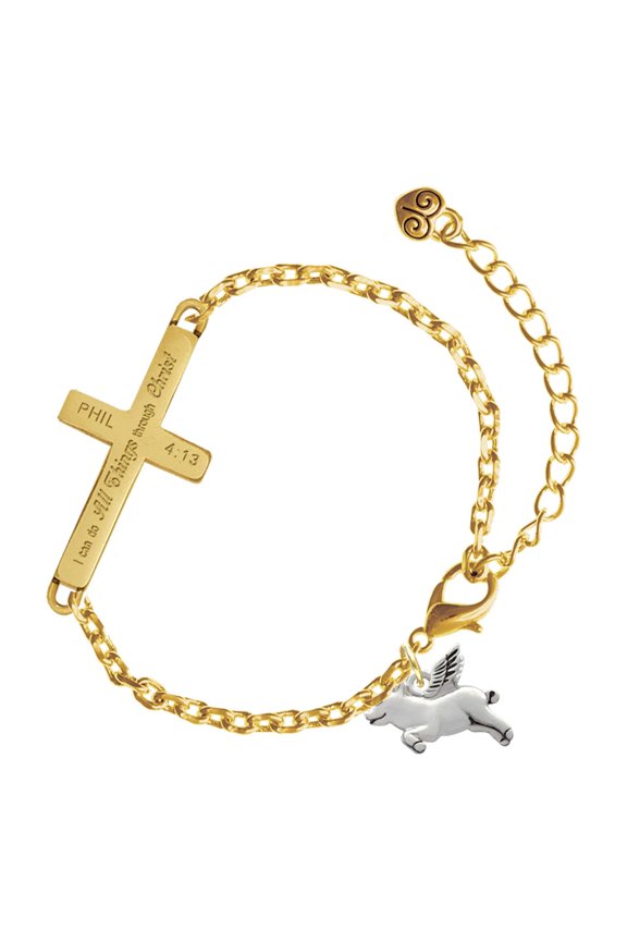 Silver-tone Flying Pig - Gold Tone Philipians 4:13 I Do All Things Through Christ Engraved Cross Charm Bracelet, 6.5+1.5" Extender