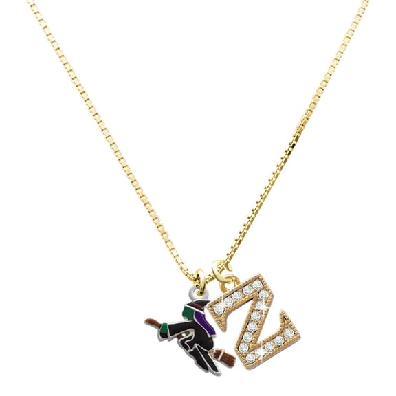 Delight Jewelry Silver-tone Flying Witch - Large Goldtone Crystal Initial - Z - Charm Necklace, 17.5"+2"