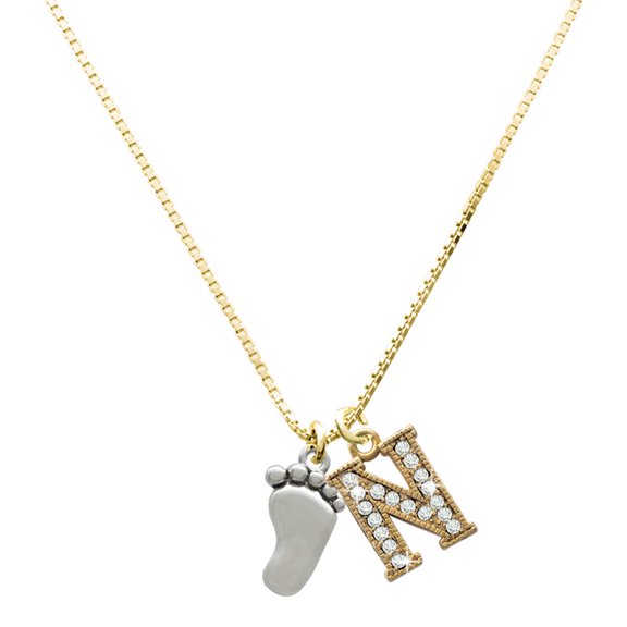 Delight Jewelry Silver-tone Foot - Large Goldtone Crystal Initial - N - Charm Necklace, 17.5"+2"