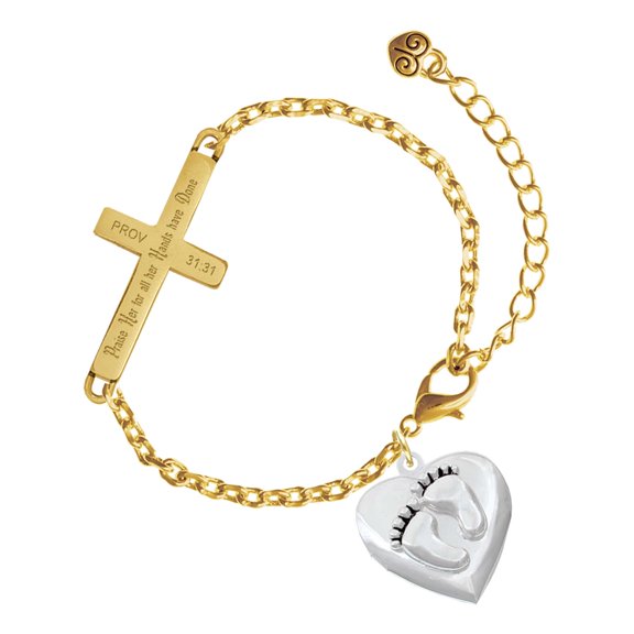 Delight Jewelry Silver-tone Foot Prints Heart Locket - Gold Tone Proverbs 31:31 Praise Her for all Her Hands have Done Engraved Cross Charm Bracelet, 6.5+1.5" Extender