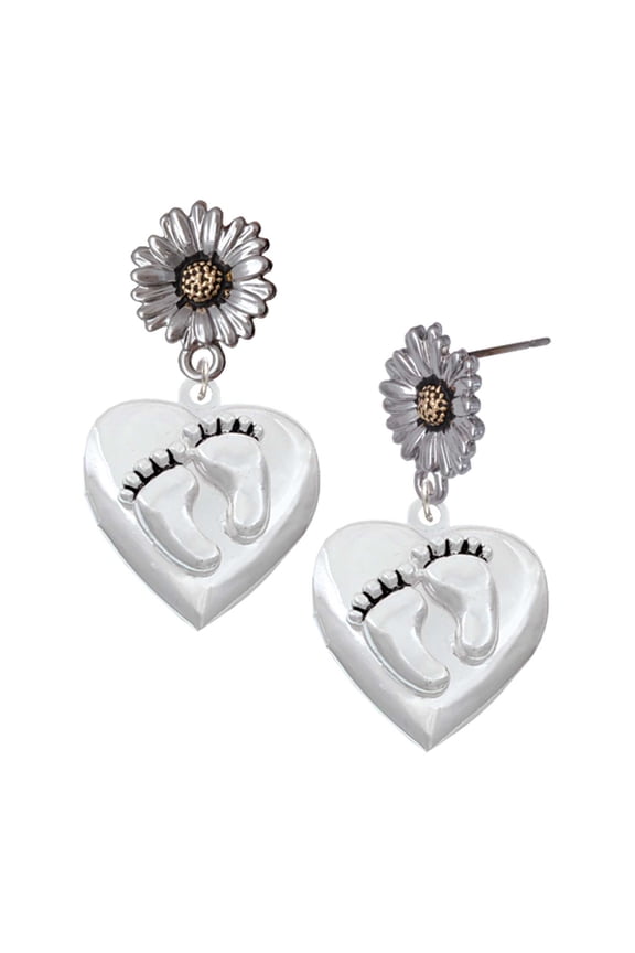 Silver-tone Foot Prints Heart Locket - Two-tone Daisy Flower Post Earrings