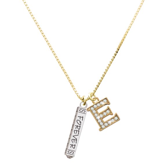 Delight Jewelry Silver-tone Forever Bar - Large Goldtone Crystal Initial - E - Charm Necklace, 17.5"+2"
