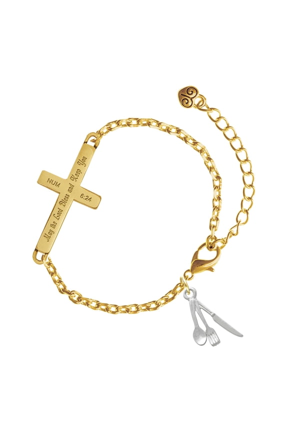 Silver-tone Fork Knife and Spoon - Gold Tone Numbers 6:24 May the Lord Bless You Engraved Cross Charm Bracelet, 6.5+1.5" Extender