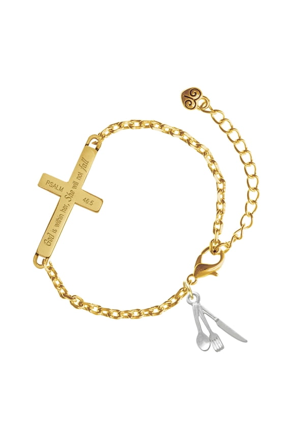 Silver-tone Fork Knife and Spoon - Gold Tone Psalm 46:5 She will not fall Engraved Cross Charm Bracelet, 6.5+1.5" Extender