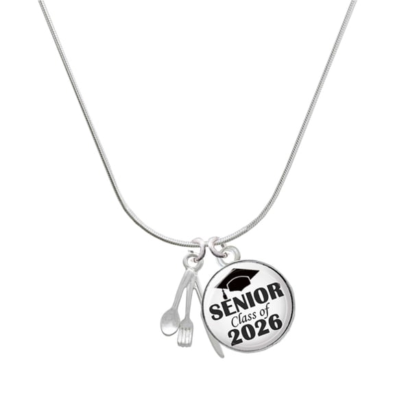 Delight Jewelry Silver-tone Fork Knife and Spoon - Silvertone Senior Class of 2026 Dome Necklace, 18"