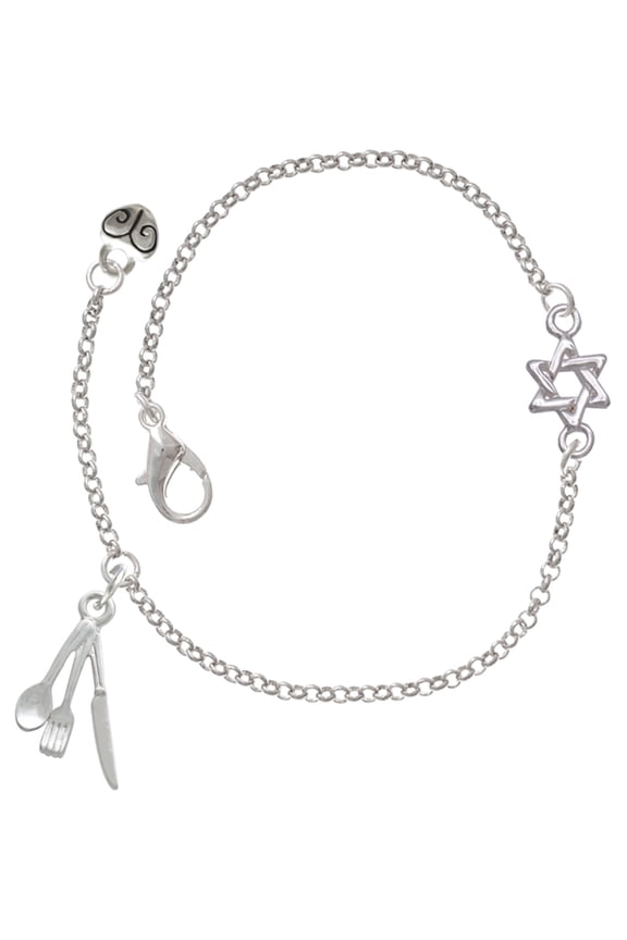 Silver-tone Fork Knife and Spoon - Silvertone Star of David Delicate Bracelet, 6.25+1.75" Extender