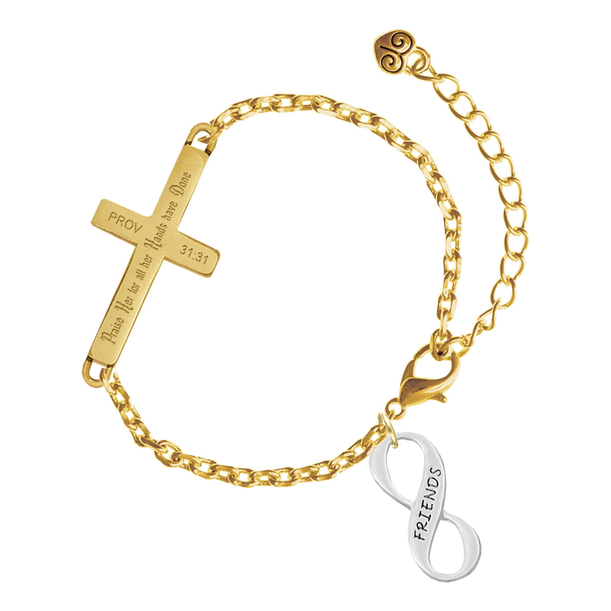 Delight Jewelry Silver-tone Friends Infinity Sign - Gold Tone Proverbs 31:31 Praise Her for all Her Hands have Done Engraved Cross Charm Bracelet, 6.5+1.5" Extender