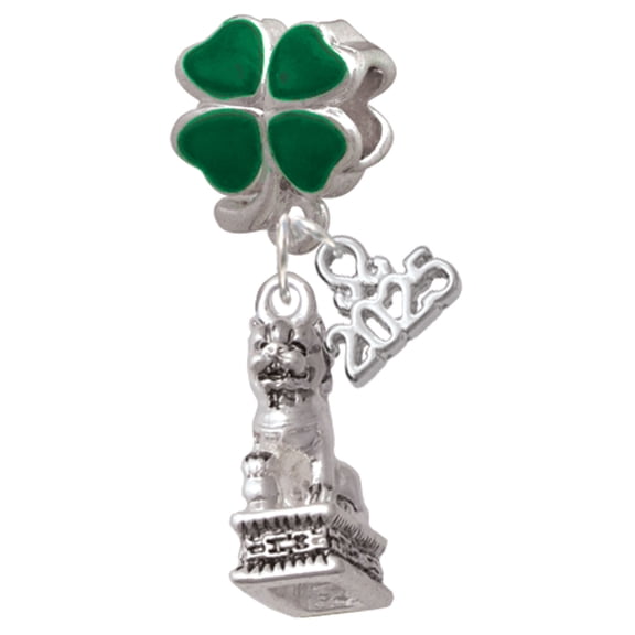 Delight Jewelry Silver-tone Fu Dog - Good Luck Green Four Leaf Clover Charm Bead Dangle with Mini 2025