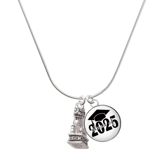 Delight Jewelry Silver-tone Fu Dog - Script Class of 2025 Dome Charm Necklace, 18"