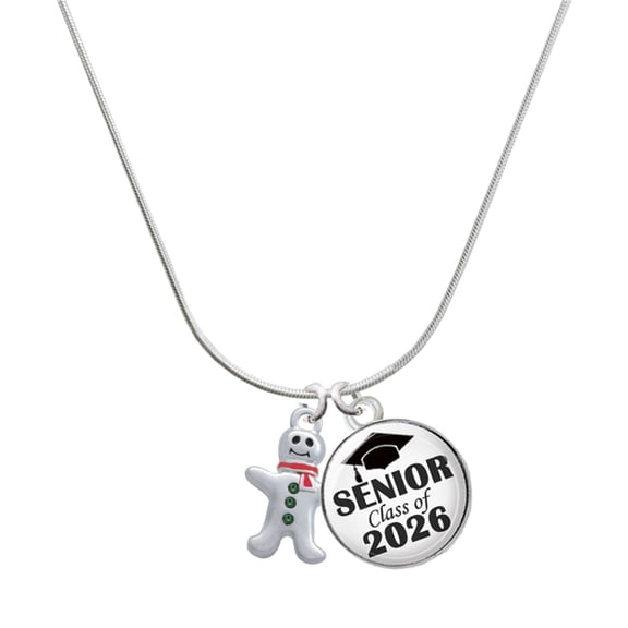 Delight Jewelry Silver-tone Gingerbread Man with Red Scarf - Silvertone Senior Class of 2026 Dome Necklace, 18"