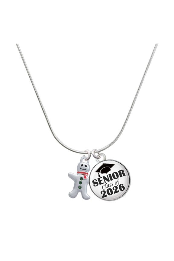 Silver-tone Gingerbread Man with Red Scarf - Silvertone Senior Class of 2026 Dome Necklace, 18"