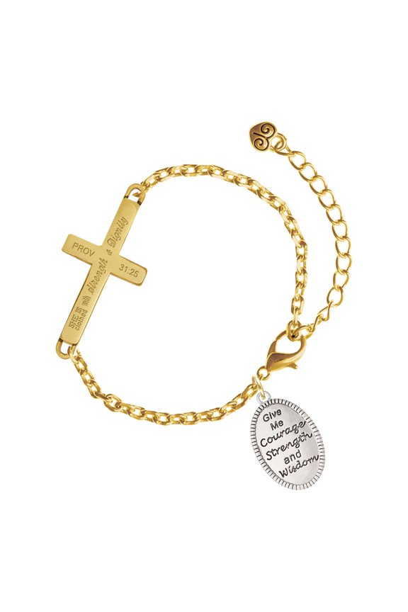 Silver-tone Give Me Courage Strength Wisdom Medallion - Gold Tone Proverbs 31:25 She is Clothed with Strength and Dignity Engraved Cross Charm Bracelet, 6.5+1.5" Extender
