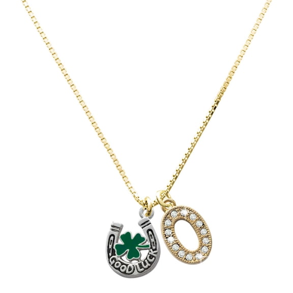 Delight Jewelry Large Goldtone Crystal Initial Necklace, featuring Silver Tone Good Luck Horseshoe with Green Four Leaf Clover Charm, 17.5"+2", O
