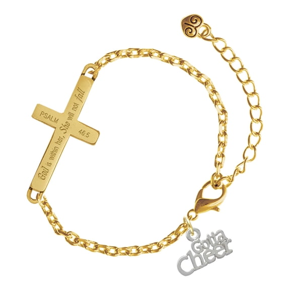 Delight Jewelry Silver-tone Gotta Cheer - Gold Tone Psalm 46:5 She will not fall Engraved Cross Charm Bracelet, 6.5+1.5" Extender