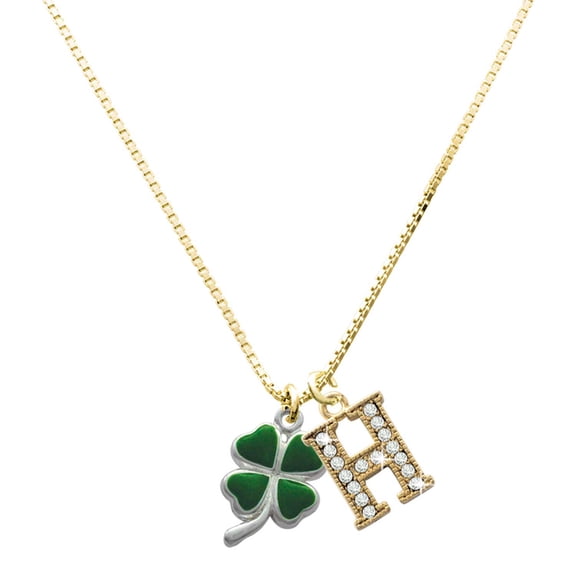 Delight Jewelry Silver-tone Green Four Leaf Clover with Heart Leaves and Large Goldtone Crystal Initial H Charm Necklace, 17.5"+2"