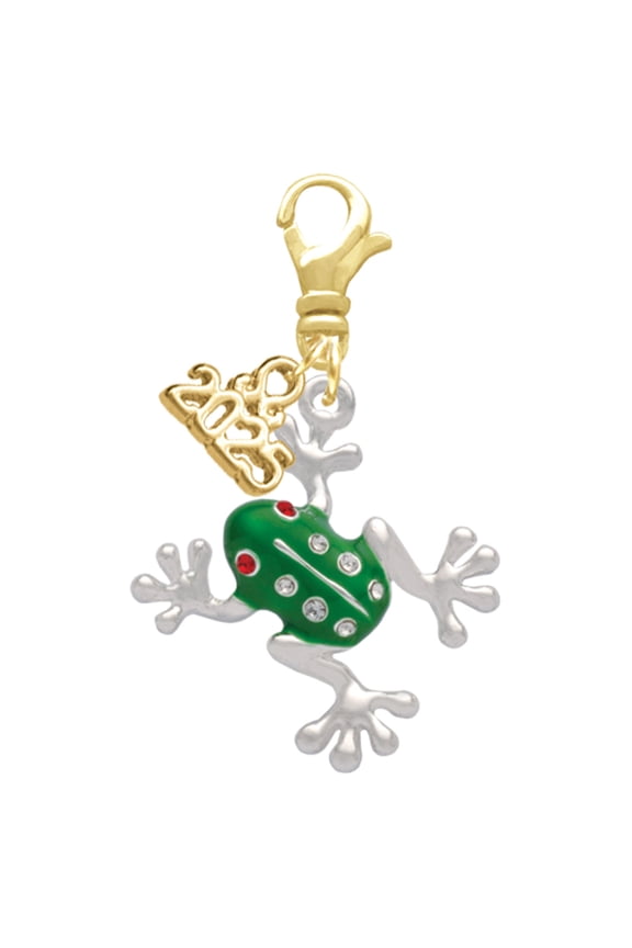 Silver-tone Green Frog with Crystals - Gold-tone Clip on Charm with Mini Year 2025