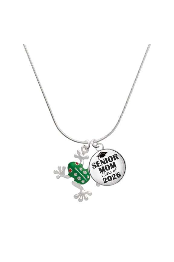 Silver-tone Green Frog with Crystals - Silvertone Senior Mom Class of 2026 Dome Necklace, 18"