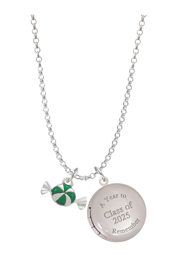 Silver-tone Green Peppermint Candy - Class of 2025 Year to Remember Locket Charm Necklace, 19+2" Extender