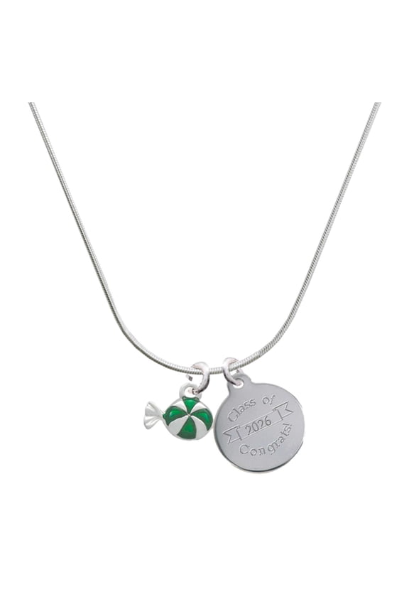 Silver-tone Green Peppermint Candy - Engraved Congrats Class of 2026 Charm Necklace, 18"