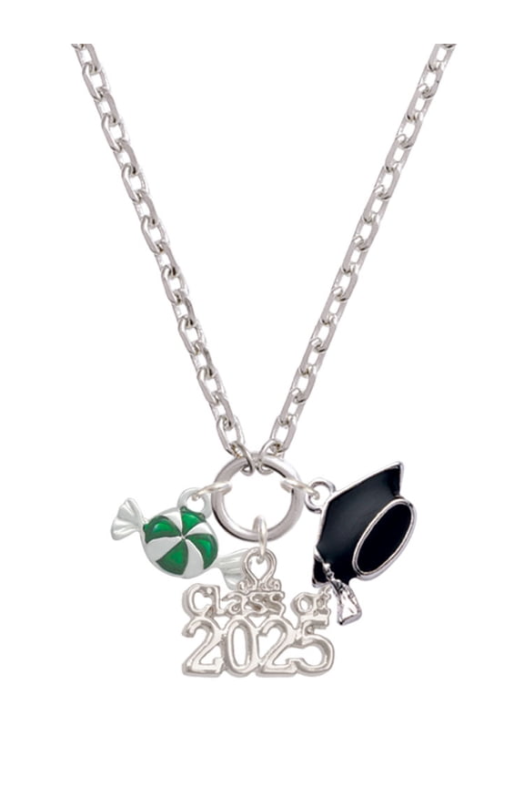 Silver-tone Green Peppermint Candy - Silver-tone Class of 2025 Graduation Zoey Necklace, 28"