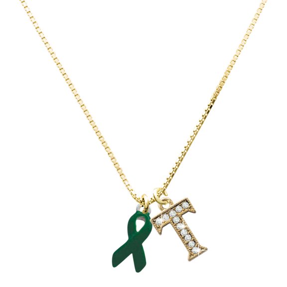 Delight Jewelry Silver-tone Green Ribbon - Large Goldtone Crystal Initial - T - Charm Necklace, 17.5"+2"