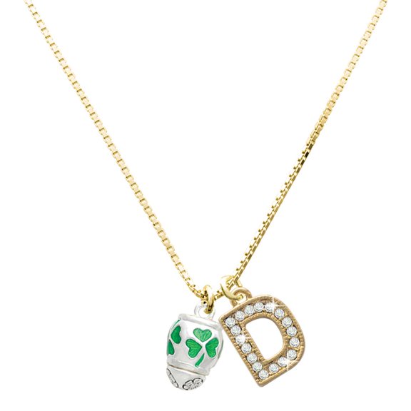 Delight Jewelry Silver-tone Green Shamrock Spinner with a Large Goldtone Crystal Initial - D - Charm Necklace, 17.5"+2"