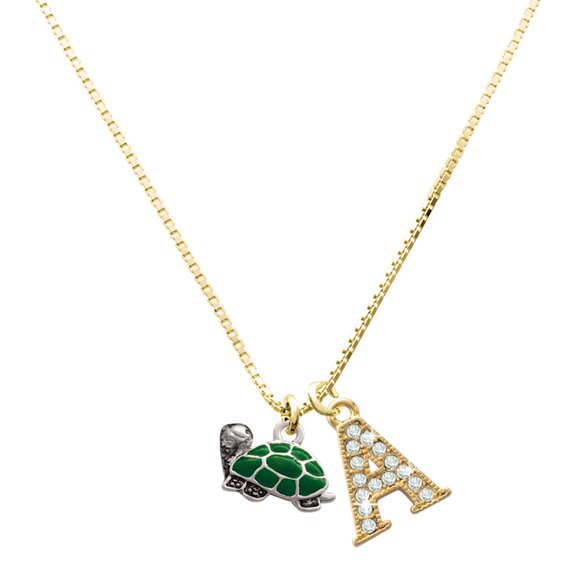 Delight Jewelry Silver-tone Green Side Turtle - Large Goldtone Crystal Initial - A - Charm Necklace, 17.5"+2"