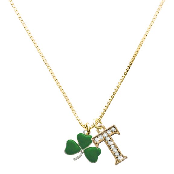 Delight Jewelry Silver-tone Green Three Leaf Clover - Shamrock - Large Goldtone Crystal Initial - T - Charm Necklace, 17.5"+2"