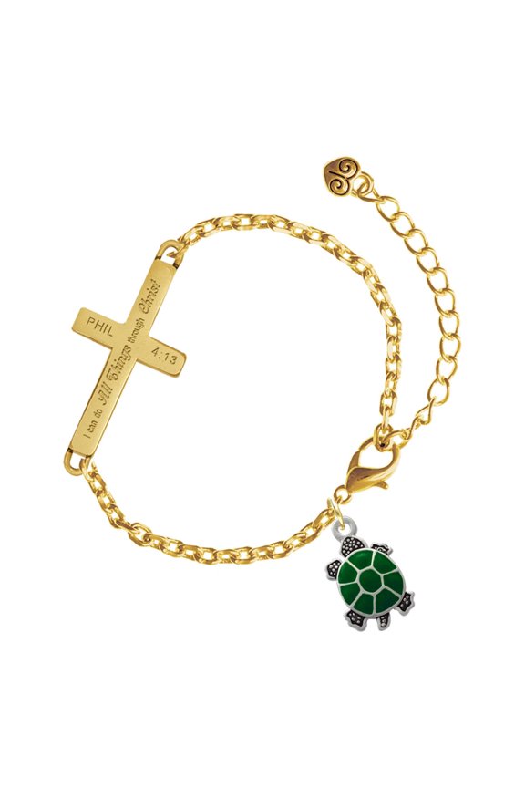 Silver-tone Green Top Turtle - Gold Tone Philipians 4:13 I Do All Things Through Christ Engraved Cross Charm Bracelet, 6.5+1.5" Extender