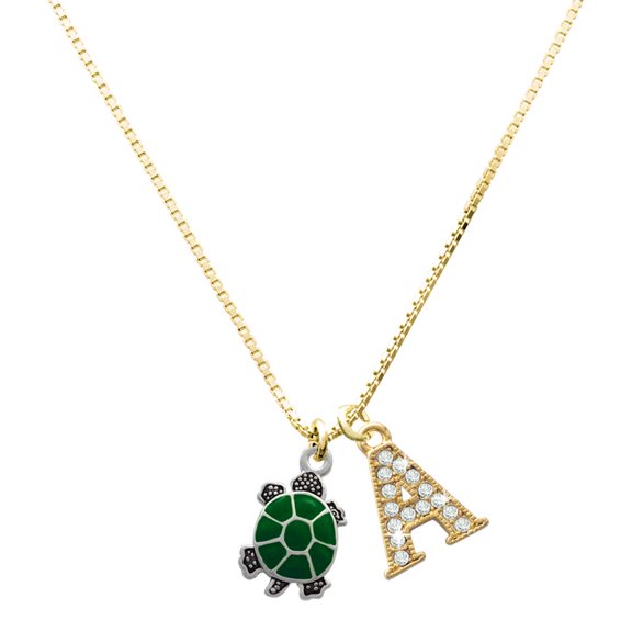 Delight Jewelry Silver-tone Green Top Turtle - Large Goldtone Crystal Initial - A - Charm Necklace, 17.5"+2"