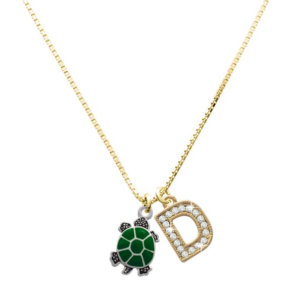 Delight Jewelry Silver-tone Green Top Turtle with a Large Goldtone Crystal Initial - D - Charm Necklace, 17.5"+2"