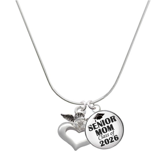 Delight Jewelry Silver-tone Guardian Angel over Heart - Silvertone Senior Mom Class of 2026 Dome Necklace, 18"