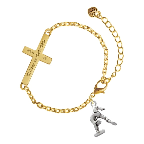 Delight Jewelry Silver-tone Gymnast Balance Beam - Gold Tone Joshua 1:9 Strong and Courageous Engraved Cross Charm Bracelet, 6.5+1.5" Extender