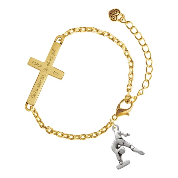 Delight Jewelry Silver-tone Gymnast Balance Beam - Gold Tone Psalm 46:5 She will not fall Engraved Cross Charm Bracelet, 6.5+1.5" Extender