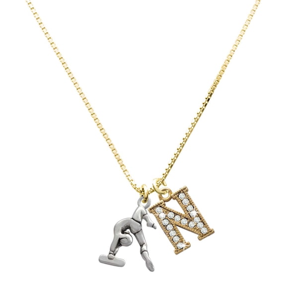Delight Jewelry Silver-tone Gymnast Balance Beam - Large Goldtone Crystal Initial - N - Charm Necklace, 17.5"+2"