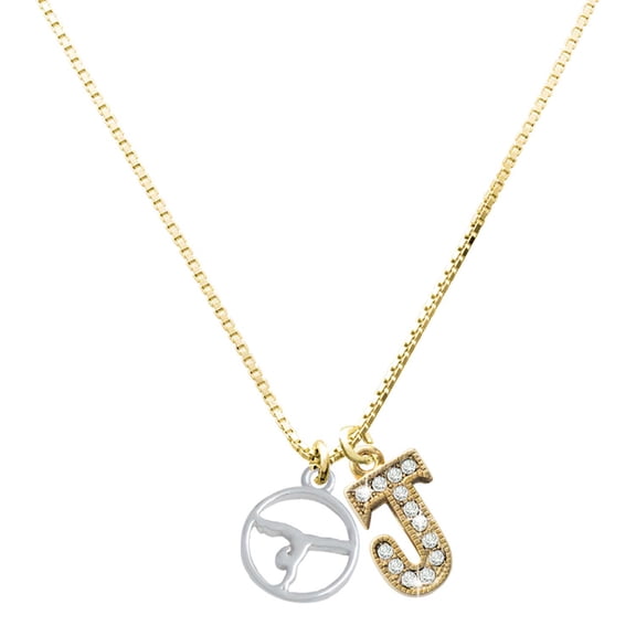 Delight Jewelry Silver-tone Gymnast Silhouette in 1/2'' Disc - Large Goldtone Crystal Initial - J - Charm Necklace, 17.5"+2"